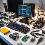 Banco de trabajo con una PC, monitor mostrando gráficos de diagnóstico y herramientas para revisar hardware.