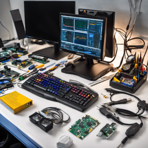 Banco de trabajo con una PC, monitor mostrando gráficos de diagnóstico y herramientas para revisar hardware.