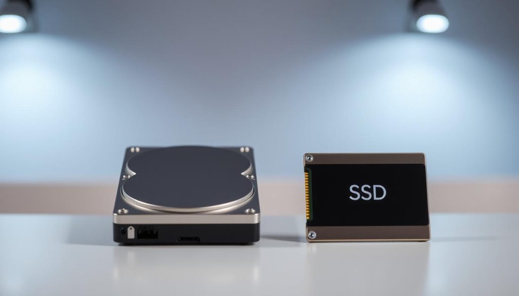 A clean, well-lit shot of a storage device comparison, with a modern, minimalist aesthetic. In the foreground, a sleek, silver HDD and a compact, stylish SSD positioned side by side, highlighting their distinct physical characteristics. The middle ground features a subtle, soft-focus background that evokes a sense of technology and innovation. Lighting is balanced, with gentle highlights to accentuate the textures and materials of the devices. The overall composition conveys a sense of simplicity, functionality, and the key differences between these two storage solutions. A clean, well-lit shot of a storage device comparison, with a modern, minimalist aesthetic. In the foreground, a sleek, silver HDD and a compact, stylish SSD positioned side by side, highlighting their distinct physical characteristics. The middle ground features a subtle, soft-focus background that evokes a sense of technology and innovation. Lighting is balanced, with gentle highlights to accentuate the textures and materials of the devices. The overall composition conveys a sense of simplicity, functionality, and the key differences between these two storage solutions.