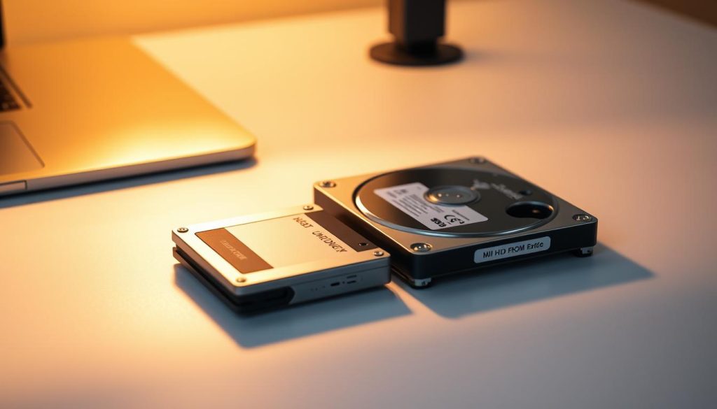 A mid-range desktop with a modern hybrid storage setup, featuring a sleek, metallic SSD for lightning-fast boot and program loading, alongside a spacious, high-capacity HDD for expanded file storage. The SSD and HDD are visually juxtaposed, casting complementary shadows across a softly lit, minimalist workstation surface. Warm, indirect lighting illuminates the scene, evoking a sense of efficiency and technological sophistication. The overall composition emphasizes the synergistic nature of this hybrid storage solution, highlighting how it combines the best attributes of both HDD and SSD technologies. A mid-range desktop with a modern hybrid storage setup, featuring a sleek, metallic SSD for lightning-fast boot and program loading, alongside a spacious, high-capacity HDD for expanded file storage. The SSD and HDD are visually juxtaposed, casting complementary shadows across a softly lit, minimalist workstation surface. Warm, indirect lighting illuminates the scene, evoking a sense of efficiency and technological sophistication. The overall composition emphasizes the synergistic nature of this hybrid storage solution, highlighting how it combines the best attributes of both HDD and SSD technologies.