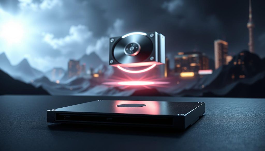 A striking and visually captivating image of the future of data storage. In the foreground, a sleek and minimalist SSD drive, its metallic surface gleaming under dramatic studio lighting. In the middle ground, a futuristic HDD unit levitates, its spinning platters surrounded by a halo of energy. In the background, an array of cutting-edge storage solutions emerge from a shadowy technological landscape, hinting at advancements in cloud computing, quantum memory, and holographic storage. The image conveys a sense of innovation, progress, and the inexorable march of technological evolution in the realm of digital data management. Una imagen impactante y visualmente cautivadora del futuro del almacenamiento de datos. En primer plano, una unidad SSD elegante y minimalista, cuya superficie metálica brilla bajo una iluminación de estudio espectacular. En segundo plano, una futurista unidad HDD levita, con sus platos giratorios rodeados de un halo de energía. Al fondo, una gama de soluciones de almacenamiento de vanguardia emerge de un sombrío paisaje tecnológico, insinuando avances en computación en la nube, memoria cuántica y almacenamiento holográfico. La imagen transmite una sensación de innovación, progreso y la inexorable marcha de la evolución tecnológica en el ámbito de la gestión digital de datos.
