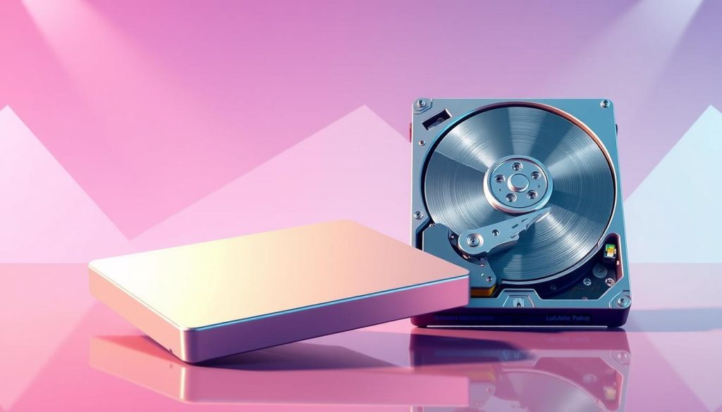 A vibrant, technical illustration showcasing the key differences between a traditional hard disk drive (HDD) and a solid-state drive (SSD). In the foreground, a sleek, modern SSD device with a smooth, metallic finish, casting a faint reflection on the surface. In the middle ground, an HDD with its distinctive spinning platters and mechanical arm, contrasting the solid-state nature of the SSD. The background features a clean, minimalist setting with geometric shapes and a soft gradient, emphasizing the technical and informative nature of the subject. Subtle lighting from multiple angles highlights the internal components and textures of the storage devices, creating a sense of depth and detail. The overall composition conveys a clear visual guide for understanding the distinctions between these two storage technologies. A vibrant, technical illustration showcasing the key differences between a traditional hard disk drive (HDD) and a solid-state drive (SSD). In the foreground, a sleek, modern SSD device with a smooth, metallic finish, casting a faint reflection on the surface. In the middle ground, an HDD with its distinctive spinning platters and mechanical arm, contrasting the solid-state nature of the SSD. The background features a clean, minimalist setting with geometric shapes and a soft gradient, emphasizing the technical and informative nature of the subject. Subtle lighting from multiple angles highlights the internal components and textures of the storage devices, creating a sense of depth and detail. The overall composition conveys a clear visual guide for understanding the distinctions between these two storage technologies.