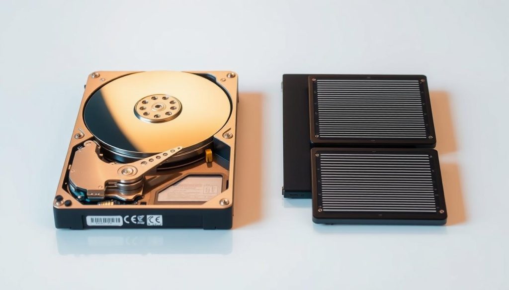 Comparative HDD vs SSD display: Two magnetic hard disk drives and two solid-state drives, positioned side by side on a clean, minimalist workspace. Bright, directional lighting accentuates the sleek, metallic surfaces and textural details of the components. The scene conveys a sense of technological modernity and the visual contrast between the traditional HDD and the more advanced SSD storage solutions. The image aims to visually illustrate the fundamental differences between these storage technologies in a clear, informative manner. Comparative HDD vs SSD display: Two magnetic hard disk drives and two solid-state drives, positioned side by side on a clean, minimalist workspace. Bright, directional lighting accentuates the sleek, metallic surfaces and textural details of the components. The scene conveys a sense of technological modernity and the visual contrast between the traditional HDD and the more advanced SSD storage solutions. The image aims to visually illustrate the fundamental differences between these storage technologies in a clear, informative manner.