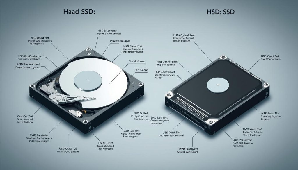 Detailed technical diagram showcasing the key characteristics and differences between a traditional hard disk drive (HDD) and a solid-state drive (SSD). Precise, meticulously labeled components with clean, technical illustrations in a cool, muted color palette. Crisp, high-resolution rendering from a slightly elevated, isometric perspective to provide clear visibility of internal structures and comparative sizes. Neutral, professional tone to convey factual information, with a sense of balance and objectivity between the two storage technologies. Subtle, moody lighting with gentle shadows to enhance depth and dimensionality, creating an engaging, educational visual asset. Detailed technical diagram showcasing the key characteristics and differences between a traditional hard disk drive (HDD) and a solid-state drive (SSD). Precise, meticulously labeled components with clean, technical illustrations in a cool, muted color palette. Crisp, high-resolution rendering from a slightly elevated, isometric perspective to provide clear visibility of internal structures and comparative sizes. Neutral, professional tone to convey factual information, with a sense of balance and objectivity between the two storage technologies. Subtle, moody lighting with gentle shadows to enhance depth and dimensionality, creating an engaging, educational visual asset.