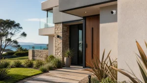 Modern house entry with a wooden door, stone facade, and a landscaped path toward a coastal view.