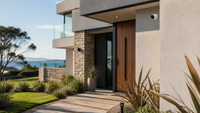 Modern house entry with a wooden door, stone facade, and a landscaped path toward a coastal view.