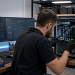 Técnico informático diagnosticando un ordenador de sobremesa con herramientas de reparación