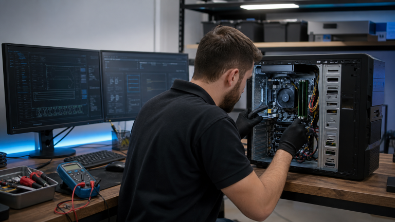 Técnico informático diagnosticando un ordenador de sobremesa con herramientas de reparación