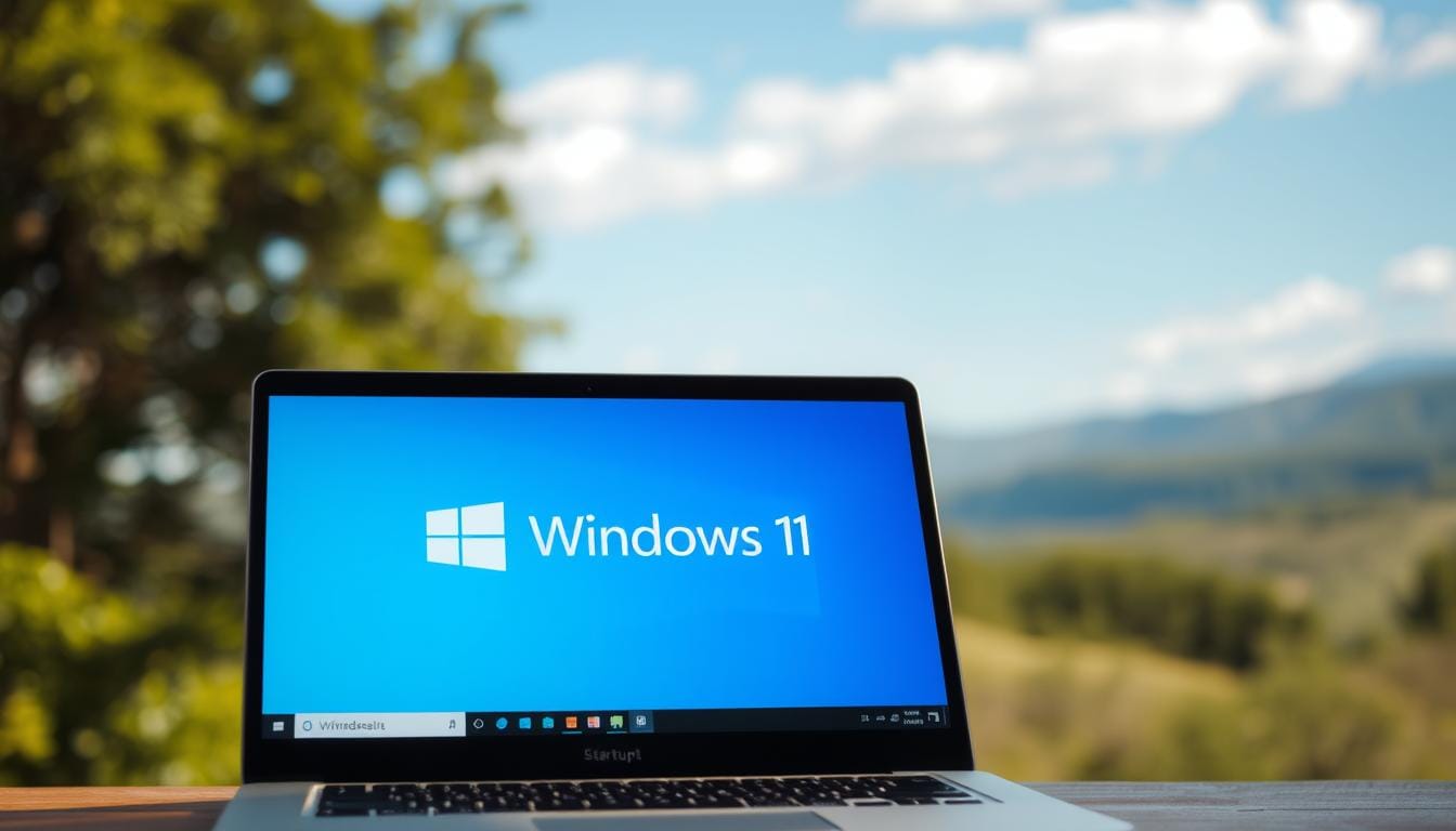 A clean, well-organized Windows 10/11 desktop with a focus on the startup process. In the foreground, a laptop or desktop computer displays the Windows logo and startup animation, bathed in a soft, warm light. The background features a blurred, natural landscape with lush greenery and a clear blue sky, conveying a sense of tranquility and productivity. The overall composition emphasizes efficiency, minimalism, and the user's ability to optimize their Windows experience for a smooth and seamless startup. The lighting and angles create depth and dimensionality, showcasing the refined and streamlined nature of the Windows operating system.