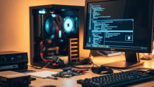 A neatly organized desk with a desktop computer, monitor, and various software repair tools. The computer's internal components are partially visible, with a technician's hand reaching in to make adjustments. Soft, warm lighting illuminates the scene, creating a focused and professional atmosphere. The background is blurred, emphasizing the attention on the repair process. Technical details such as circuit boards, cables, and diagnostic software are subtly incorporated, conveying the image's theme of software-related PC repair.