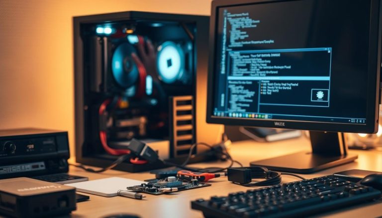 A neatly organized desk with a desktop computer, monitor, and various software repair tools. The computer's internal components are partially visible, with a technician's hand reaching in to make adjustments. Soft, warm lighting illuminates the scene, creating a focused and professional atmosphere. The background is blurred, emphasizing the attention on the repair process. Technical details such as circuit boards, cables, and diagnostic software are subtly incorporated, conveying the image's theme of software-related PC repair.
