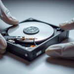 A well-lit, close-up shot of a computer hard drive being examined by a technician's hands. The hard drive is resting on a clean, neutral-colored surface, allowing the device's intricate mechanical components to be clearly visible. The technician's hands, wearing protective gloves, are carefully inspecting the drive, demonstrating a meticulous diagnostic process. The image conveys a sense of focus and precision, with a calm, professional atmosphere that reflects the technical nature of the task at hand.