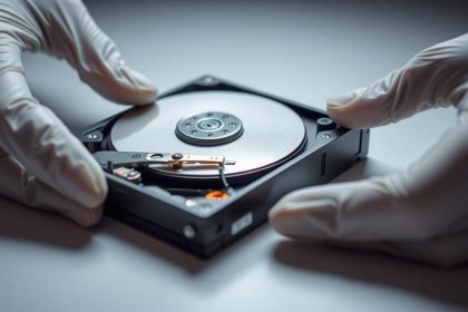 A well-lit, close-up shot of a computer hard drive being examined by a technician's hands. The hard drive is resting on a clean, neutral-colored surface, allowing the device's intricate mechanical components to be clearly visible. The technician's hands, wearing protective gloves, are carefully inspecting the drive, demonstrating a meticulous diagnostic process. The image conveys a sense of focus and precision, with a calm, professional atmosphere that reflects the technical nature of the task at hand.