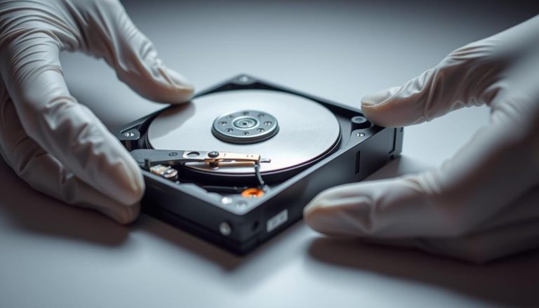 A well-lit, close-up shot of a computer hard drive being examined by a technician's hands. The hard drive is resting on a clean, neutral-colored surface, allowing the device's intricate mechanical components to be clearly visible. The technician's hands, wearing protective gloves, are carefully inspecting the drive, demonstrating a meticulous diagnostic process. The image conveys a sense of focus and precision, with a calm, professional atmosphere that reflects the technical nature of the task at hand.