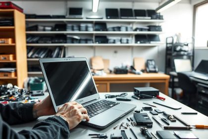 A-well-lit-repair-workshop-in-Maldonado-Uruguay-showcasing-an-open-notebook-on-a-workbench • Blog WaltosTech | Reparación de PC y Notebook en Maldonado A well-lit repair workshop in Maldonado, Uruguay, showcasing an open notebook on a workbench surrounded by various tools and components. The foreground features a technician's hands meticulously examining the device, while the middle ground displays a selection of replacement parts and diagnostic equipment. The background depicts shelves stocked with neatly organized notebooks, conveying a sense of professionalism and attention to detail. The overall mood is one of focused expertise, highlighting the capabilities of a professional notebook repair service in Maldonado.