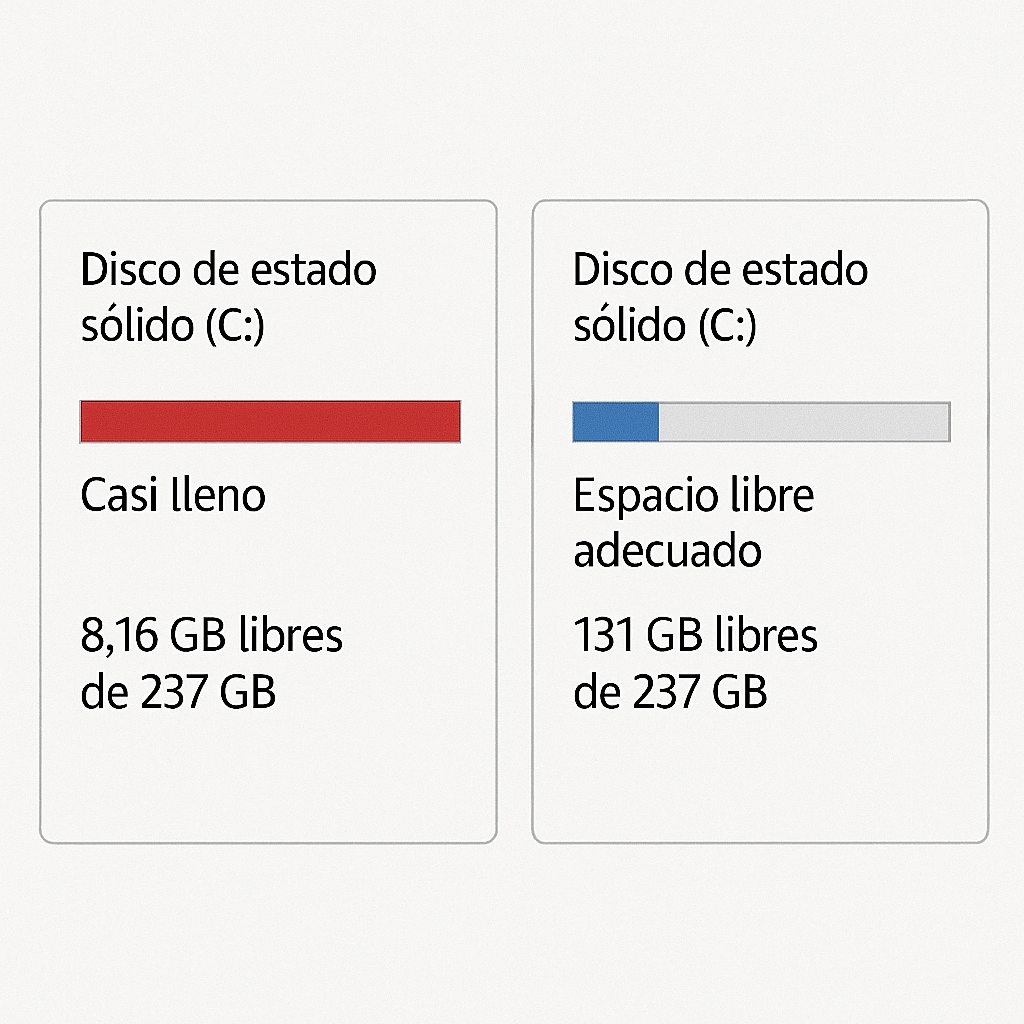 Gráfico o captura mostrando disco C casi lleno vs con espacio libre adecuado • WaltosTech Espacio libre en un SSD y efecto en su rendimiento