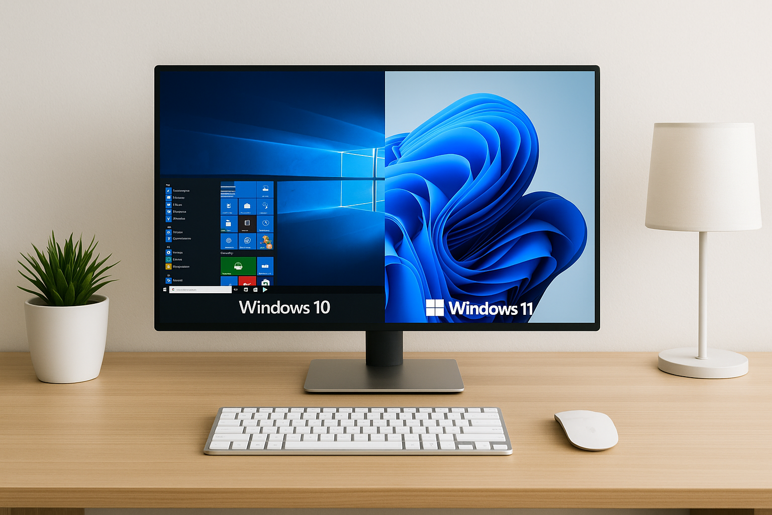 Escena de escritorio minimalista que muestra el contraste entre Windows 10 y Windows 11.