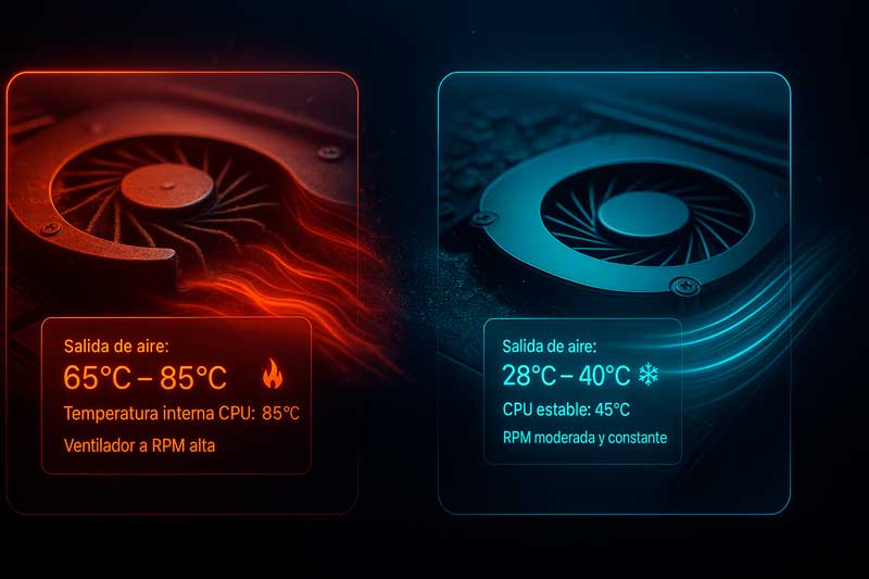 diferencia-pasta-termica-seca-polvo-ventilador-notebook • Blog WaltosTech | Reparación de PC y Notebook en Maldonado Comparación visual de síntomas: aire caliente vs aire frío del ventilador.