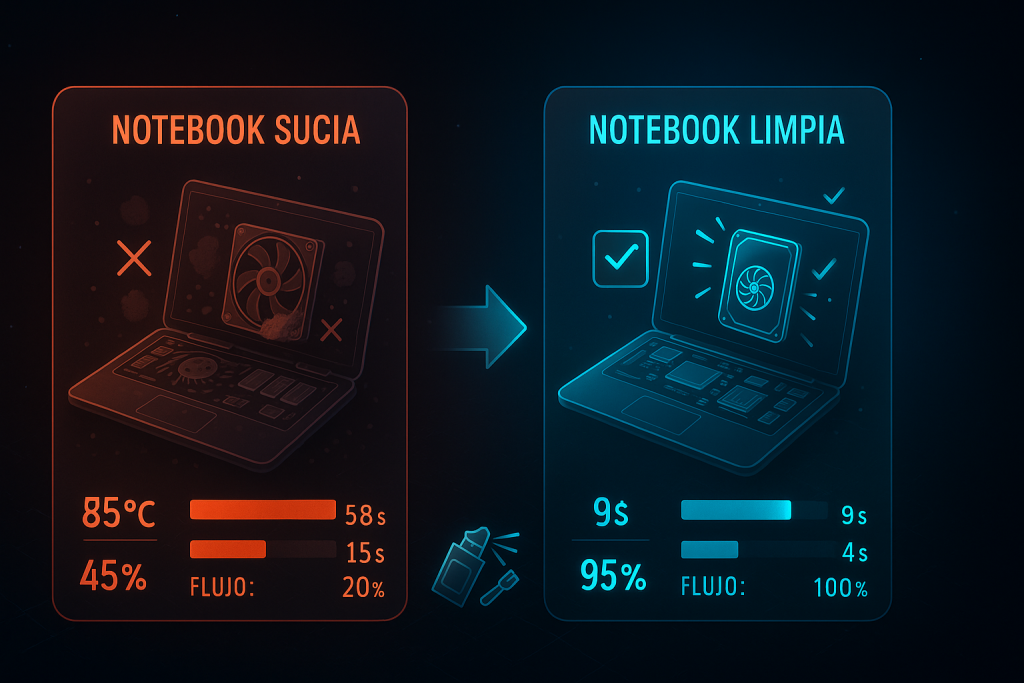 limpieza-interna-notebook-polvo-ventilador • Blog WaltosTech | Reparación de PC y Notebook en Maldonado Interior de notebook con polvo acumulado vs limpia