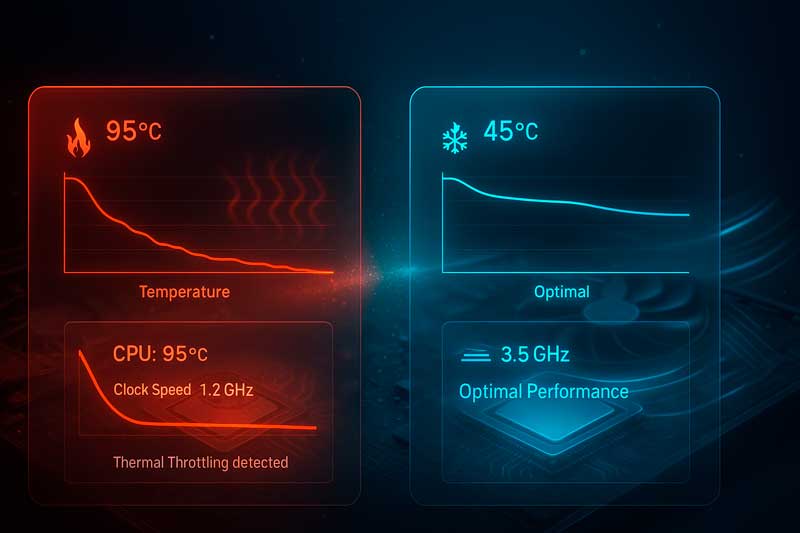 thermal-throttling-notebook-reduccion-velocidad-cpu • Blog WaltosTech | Reparación de PC y Notebook en Maldonado Gráfico mostrando cómo baja la velocidad del CPU cuando sube la temperatura.
