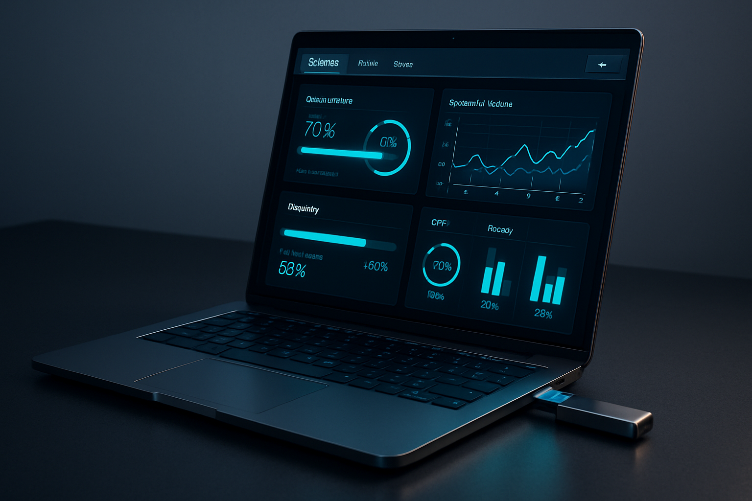 Un elegante portátil moderno descansa abierto sobre una limpia mesa gris oscuro. • WaltosTech Ordenador portátil que muestra un panel de datos azul futurista con gráficos, indicadores y barras de progreso en la pantalla.