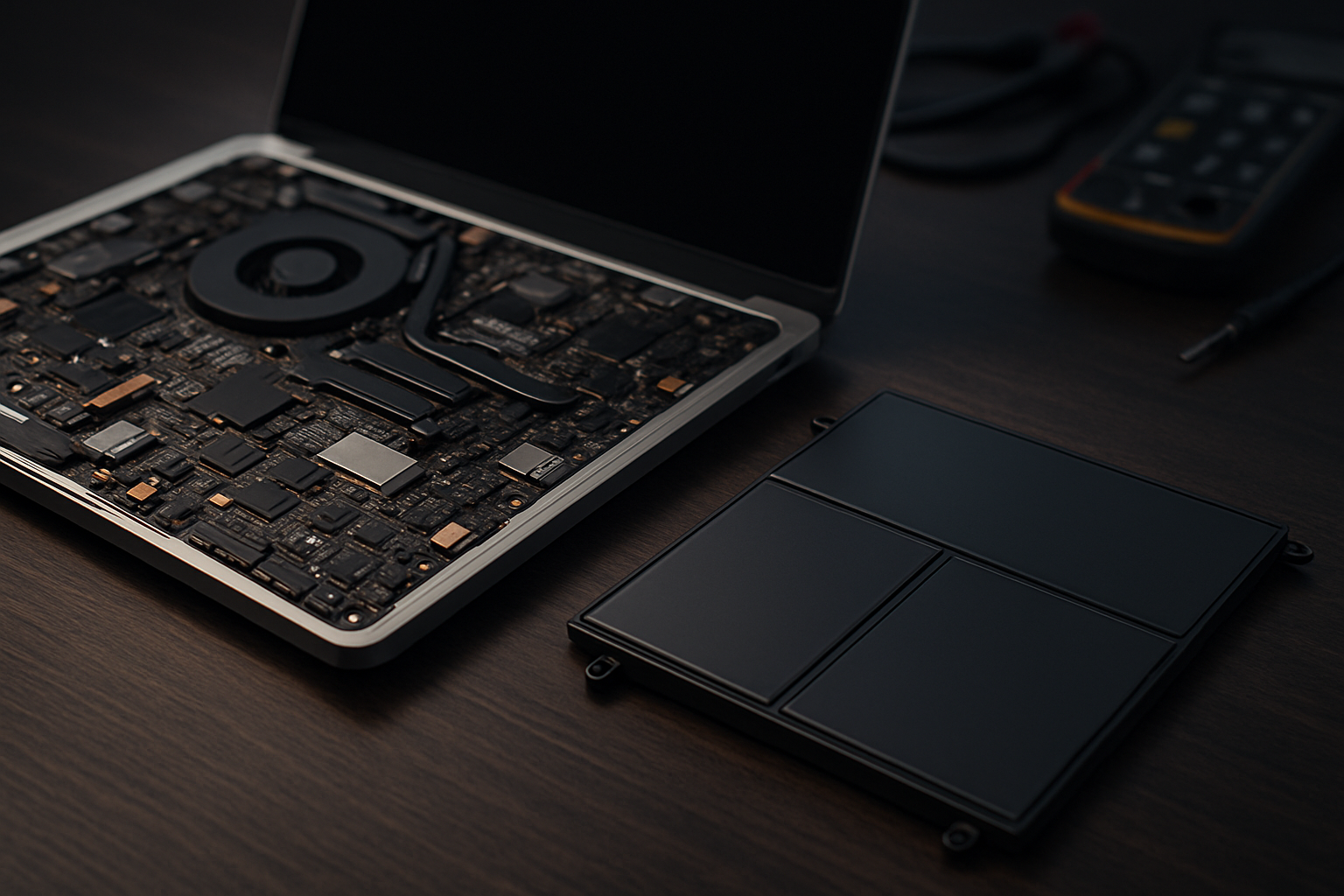Un elegante chasis abierto para portátil que deja al descubierto la placa base interna. • WaltosTech Abre el portátil con la tapa trasera quitada, dejando al descubierto la placa base y los componentes sobre un escritorio oscuro.