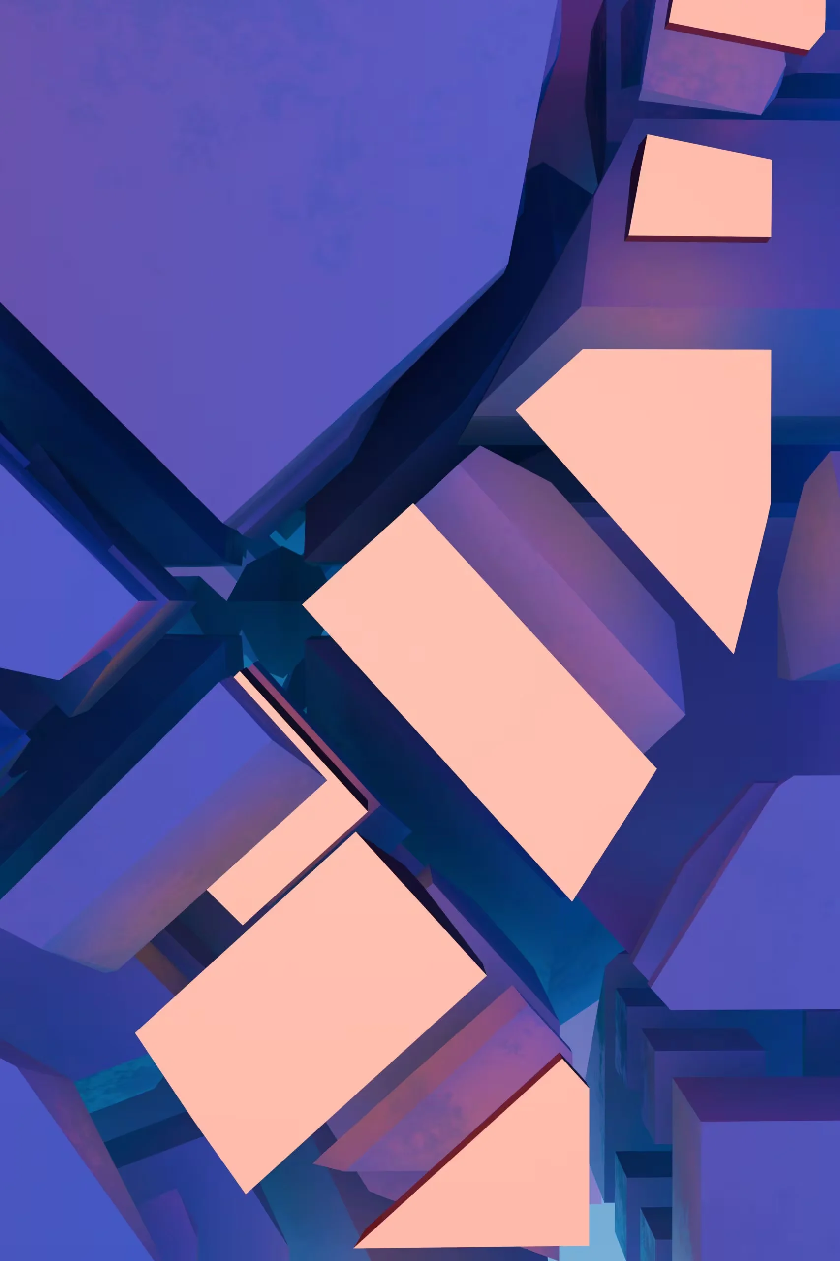 Abstract geometric composition with peach rectangular blocks on a blue‑purple gradient background.