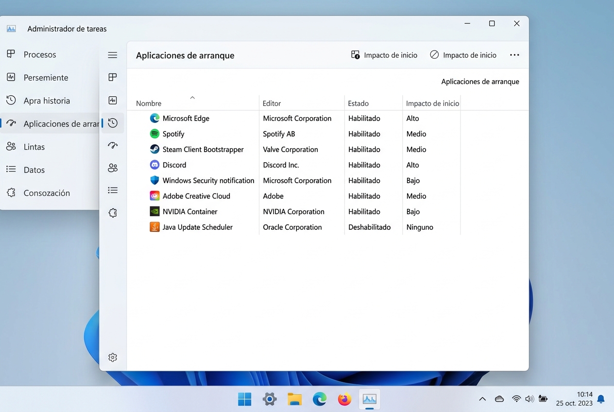 captura real de Windows 11 mostrando Administrador de tare • WaltosTech aplicaciones de arranque administrador de tareas Windows 11