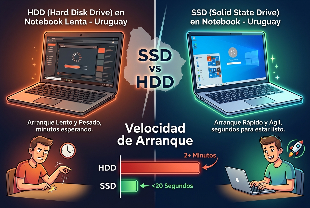 comparacion velocidad arranque ssd vs hdd notebook lenta uruguay