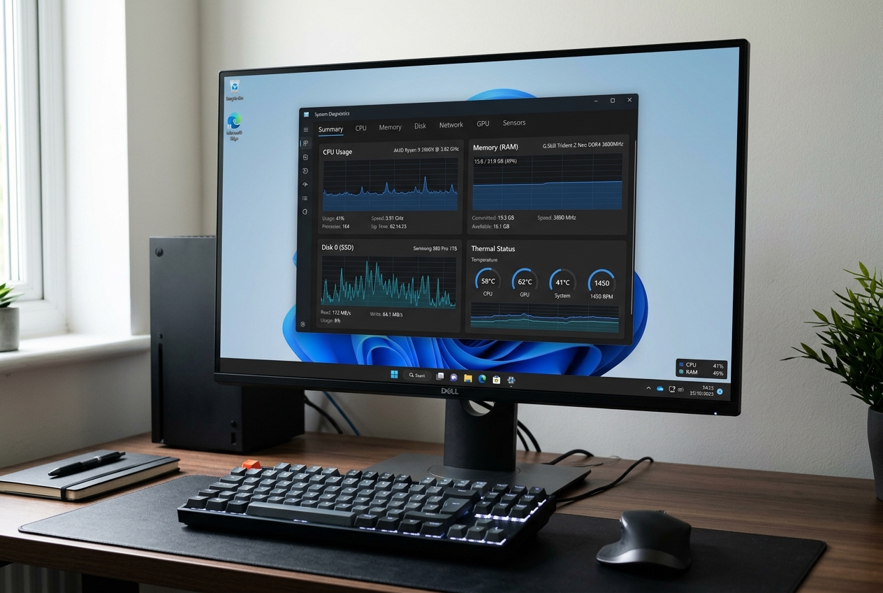 Concepto PC con Windows 11 mostrando un panel de diagnósti • WaltosTech Diagnóstico de rendimiento de Windows revisando CPU, RAM y uso del disco