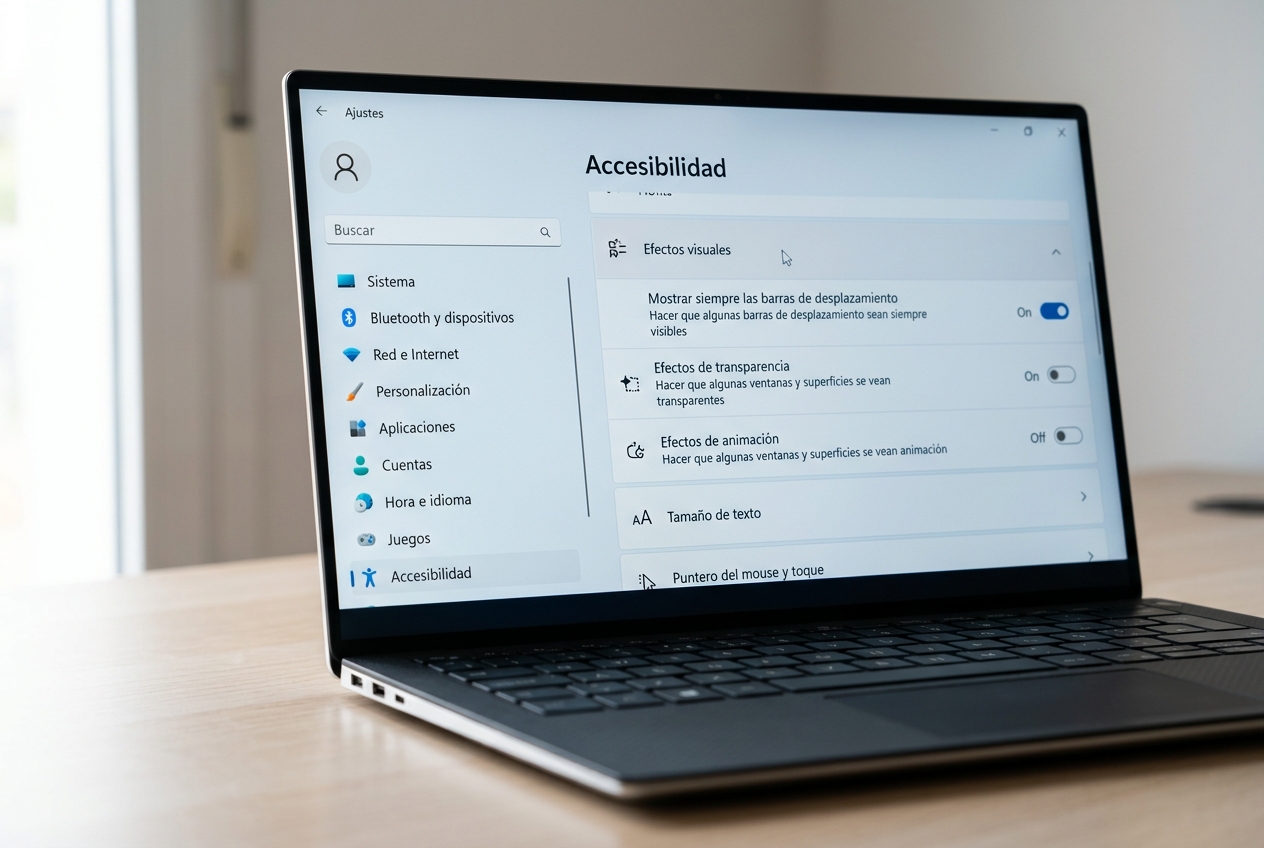 una captura real de Configuración → Accesibilidad → E • WaltosTech Efectos visuales de Windows 11 en configuración de accesibilidad