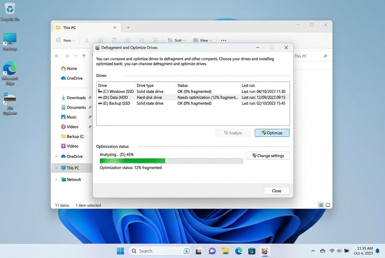 una captura real de Windows 11 → Desfragmentar y optimiz • WaltosTech Optimizar unidades HDD y SSD en Windows 11