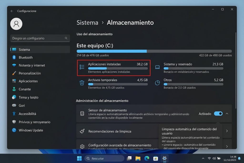una captura real de Windows 11 → Sistema → Almacenamient • WaltosTech Panel de Configuración de Windows mostrando almacenamiento del equipo y'Aplicaciones instaladas' destacadas en el resumen de uso (c:).