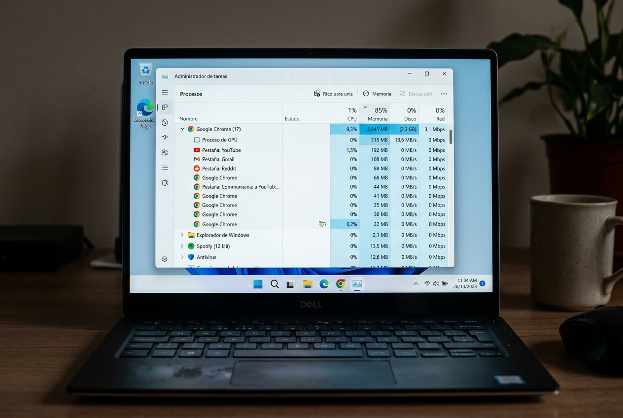 una captura real del Administrador de tareas mostrando el co • WaltosTech Consumo de memoria RAM del navegador en el Administrador de tareas de Windows 11