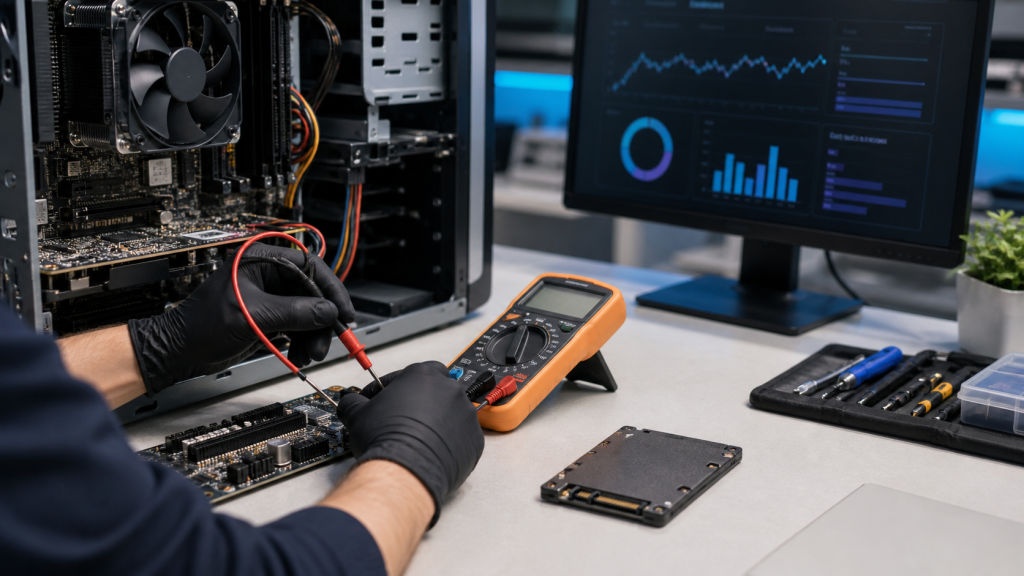 Technician with gloved hands uses a multimeter to test a motherboard inside an open server chassis, with graphs on a nearby monitor.