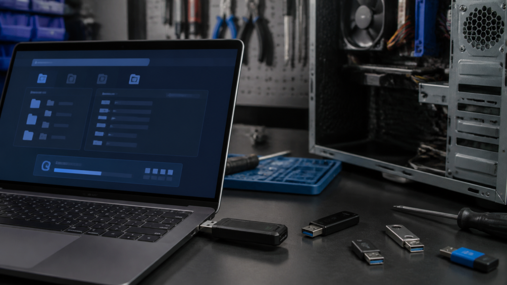 Open PC case on a repair bench with a laptop displaying a blue-tinted screen; USB drives and adapters scattered nearby.
