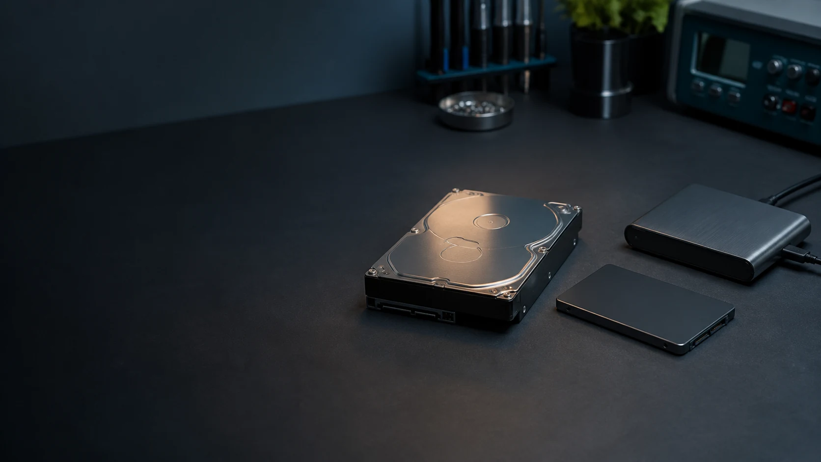 Discos HDD y SSD junto a una unidad externa para recuperar archivos de forma segura
