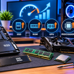 Four circular icons show hardware upgrades—SSD, RAM, GPU, and processors—with upward arrows, on a tech workbench background.