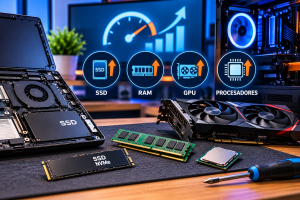 Four circular icons show hardware upgrades—SSD, RAM, GPU, and processors—with upward arrows, on a tech workbench background.