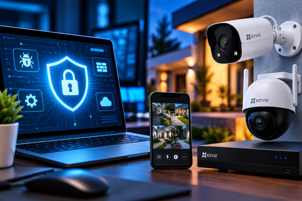Home security setup: laptop with a glowing shield and lock icon, surveillance cameras, and a smartphone showing camera feeds.