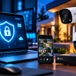 Home security setup: laptop with a glowing shield and lock icon, surveillance cameras, and a smartphone showing camera feeds.