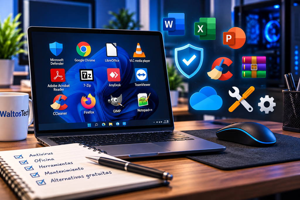 Laptop on a wooden desk with application icons on screen and a notebook listing maintenance tasks beneath it.