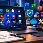 Laptop on a wooden desk with application icons on screen and a notebook listing maintenance tasks beneath it.