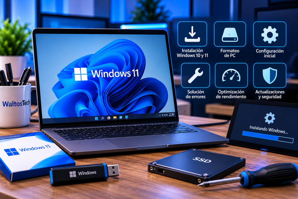 Laptop displaying Windows 11 on a desk with floating Spanish setup icons (install, format, initial config, error fix, performance, updates). Includes SSD, USB installer, and tools on the table.