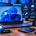 Laptop displaying Windows 11 on a desk with floating Spanish setup icons (install, format, initial config, error fix, performance, updates). Includes SSD, USB installer, and tools on the table.