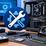 Blue circular maintenance sign with a wrench and gears sits beside an open PC tower on a workbench with tools and components nearby (informative tech repair scene).