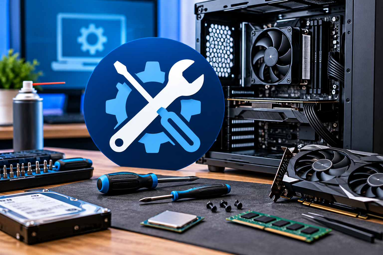 Blue circular maintenance sign with a wrench and gears sits beside an open PC tower on a workbench with tools and components nearby (informative tech repair scene).