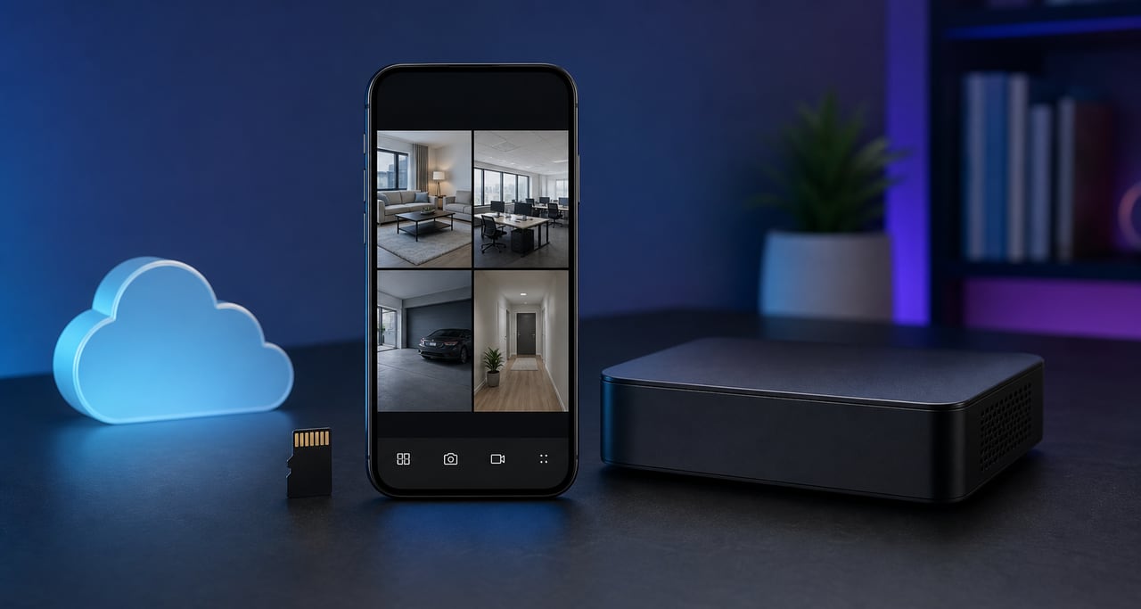 Teléfono con visualización de cámaras junto a microSD, nube y grabador
