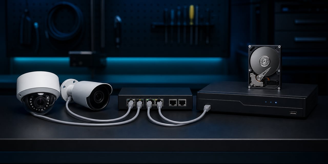 Cámaras IP, switch PoE, NVR y unidad de almacenamiento