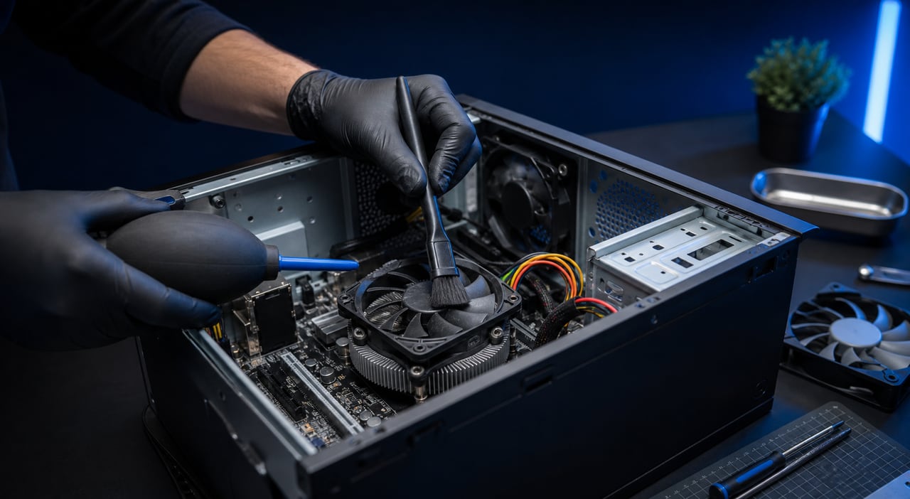 Limpieza cuidadosa del ventilador y disipador de una computadora de escritorio